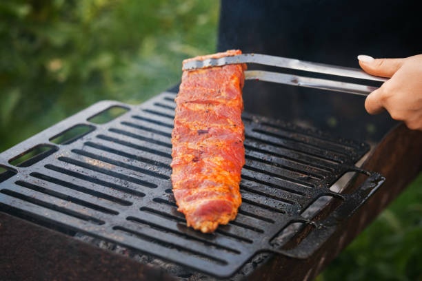 Close up pork cooked On the Barbecue grill.