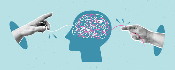 istock Collage of mental health concept with halftone hands and human head 2165002149