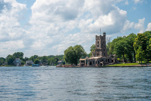 May 20, 2018 - Heart Island, Alexandria Bay, NY, USA: Boldt Castle located on Heart Island in the Saint Lawrence River (part of the Town of Alexandria in Jefferson County). Boldt Castle - major landmark and tourist attraction in the Thousand Islands region of the U.S. state of New York. Visited on a 1000 Islands Cruise from Gananoque, Ontario. Bold Castle architecture and facilities.