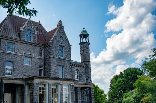 Facade of Boldt Castle  in Alexandria Bay during summer day