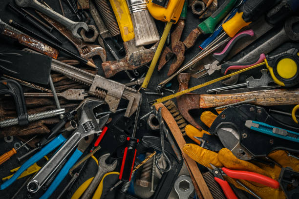 istock Collection of old and worn work tools. Home improvement, Father's day, or Labor day concept. 2165014541
