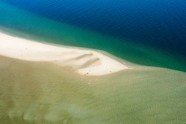 Figueirinha White Sandspit Beach and Atlantic Ocean. Portugal. Aerial High Angle View.