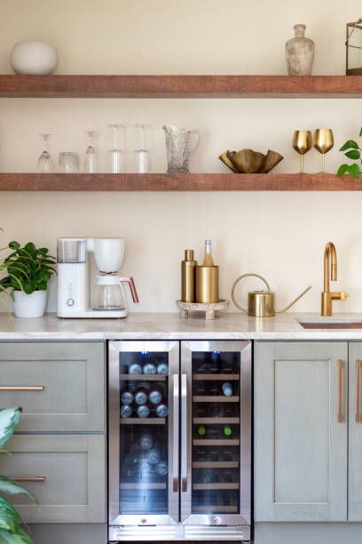istock Stylish home bar with floating shelves 2165023267