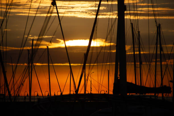 Silhouetted Sailboats at Golden Hour. High quality photo