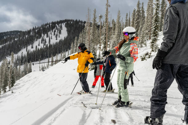 Skiers and Snowboarders Looking Out at View