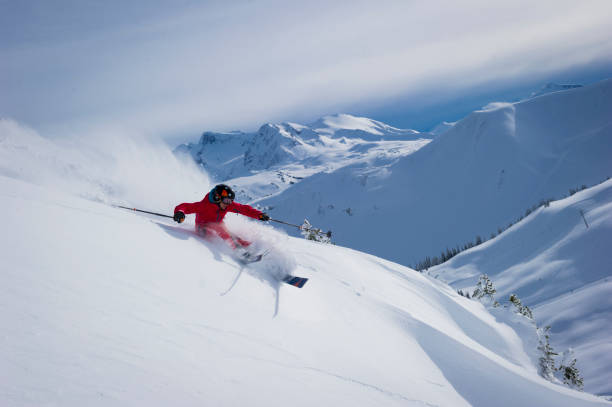 istock Skier skis down slope through fresh powder snow 2165025118