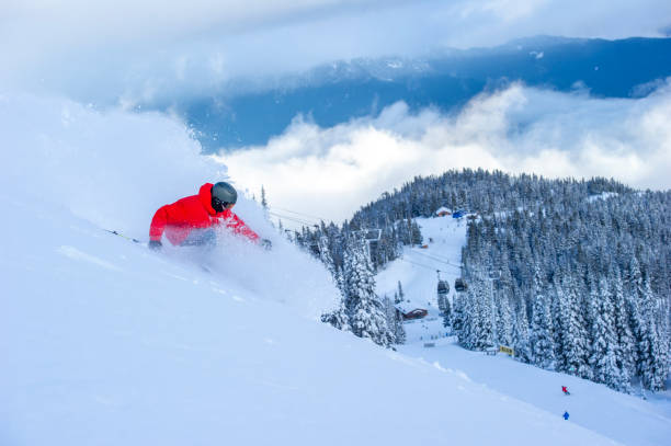 istock Skier skis down slope through fresh powder snow 2165025188