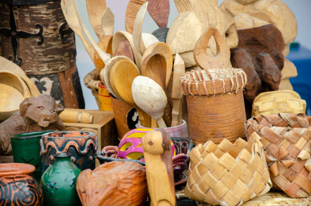 istock Designer figurines and objects made of wood and birch bark 2165034911