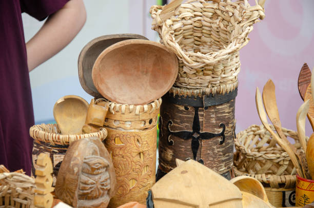 istock Designer figurines and objects made of wood and birch bark 2165034919
