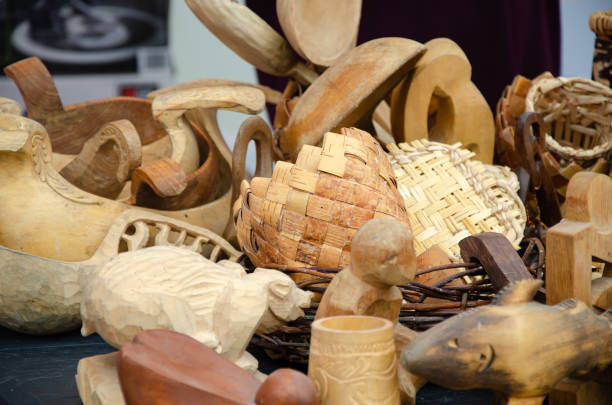 istock Designer figurines and objects made of wood and birch bark 2165034921