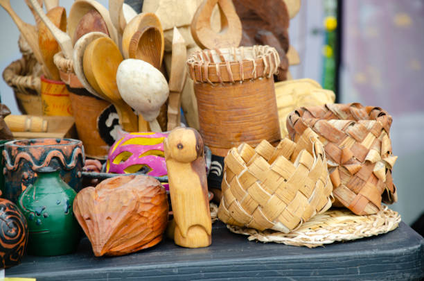 istock Designer figurines and objects made of wood and birch bark 2165034932