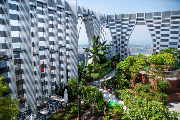 Singapore- 27 Oct 2023: Rooftop garden at CapitaSpring Building which comprises an observatory deck and a rooftop garden.