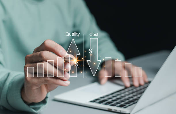 istock Quality increase and cost optimization for products or services to improve efficiency. Businessman use computer with quality control growth graph and cost reduction, Effective business, Efficient Risk 2165043593