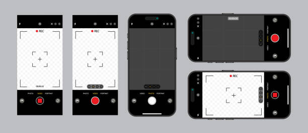 camera ảnh ngang và dọc trên màn hình của smartphone với giao diện. kính ngắm, lưới, nút, đèn và điều khiển lấy nét trong ứng dụng chụp ảnh di động. vector - máy quay phim thiết bị truyền thông hình minh họa sẵn có
