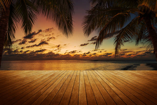 Empty wooden platform beside tropical paradise beach in sunset