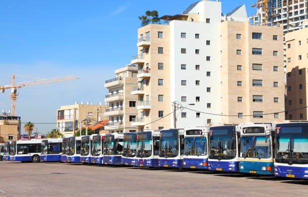 Tel Aviv, Israel - December 12, 2011: Bus parking in Tel Aviv. Dan Bus Company (1945) today is an Israeli bus company, operates local bus service in the Tel Aviv Metropolitan Area (Gush Dan)