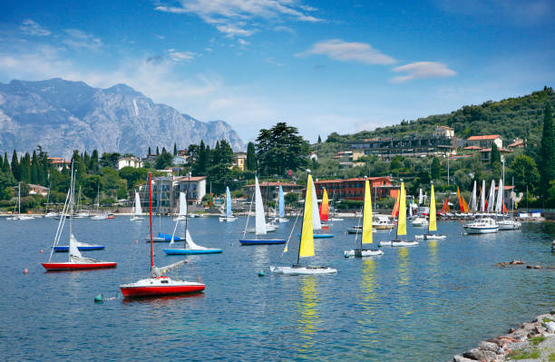 Sailboat on Lake Garda in Italy, en route from Limone sul Garda to Malcesine