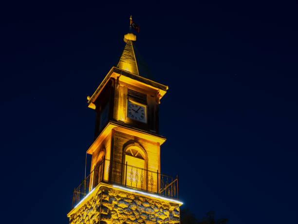 Night view of Bilecik clock tower.  Located in the garden of Bilecik Municipality Palace.  Local tourist and historical travel destinations in Turkey