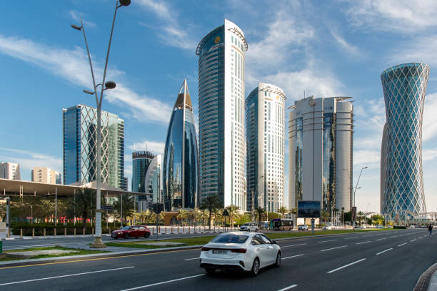 Doha Roads and traffic west bay Doha Qatar stock photo