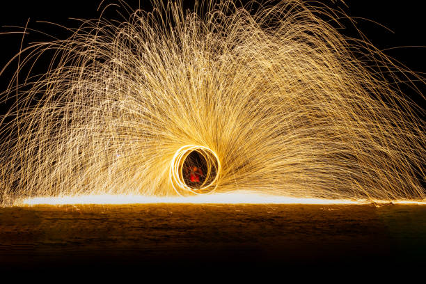 istock Swing fire dancing show, long exposure on the floor at the night time 2165072041