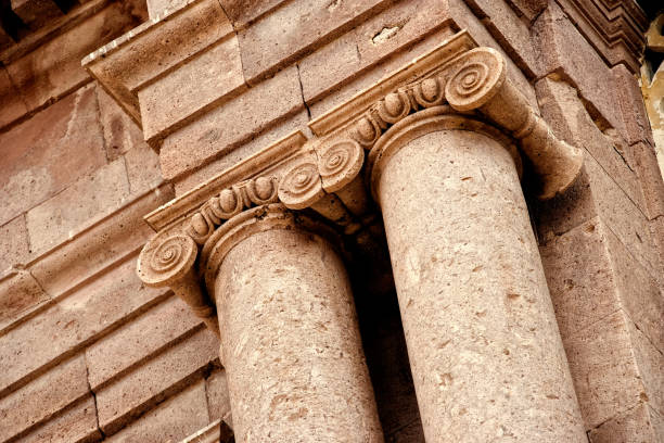 Architectural column detail from old public building in Aegean sea coast small town
