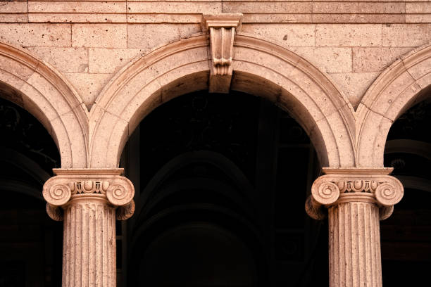 Architectural column detail from old public building in Aegean sea coast small town