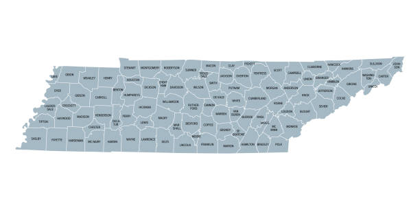 Tennessee, subdivided into 95 counties, gray political map Tennessee, subdivided into 95 counties, gray political map with borders and county names. Landlocked state in the Southeastern region of the United States, nicknamed The Volunteer State. Illustration tennessee map with counties stock illustrations