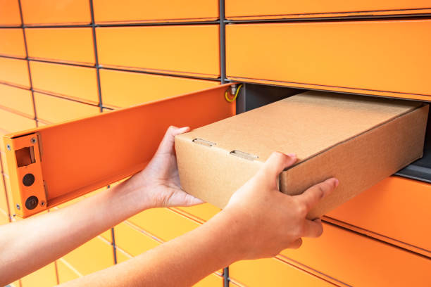 istock Parcel delivery terminal, post automat machine and pick-up point 2165087036
