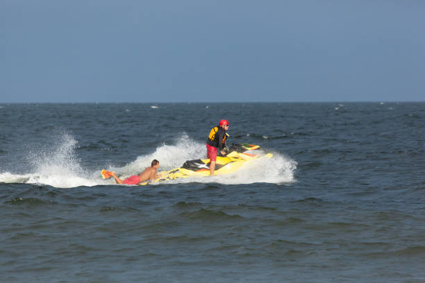 Sea Bright, New Jersey - August 3, 2017: Lifeguards from Sea Bright and surrounding beach clubs gather to compete in a lifeguard competition
