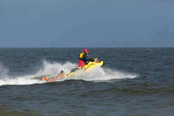 Sea Bright, New Jersey - August 3, 2017: Lifeguards from Sea Bright and surrounding beach clubs gather to compete in a lifeguard competition