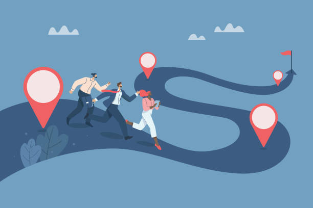 Work process or work process, Timeline to success, Roadmap, Project planning, Timeline, Progress in business, Team of business people running on a timeline, tracking and reviewing projects. Work process or work process, Timeline to success, Roadmap, Project planning, Timeline, Progress in business, Team of business people running on a timeline, tracking and reviewing projects. vision stock illustrations