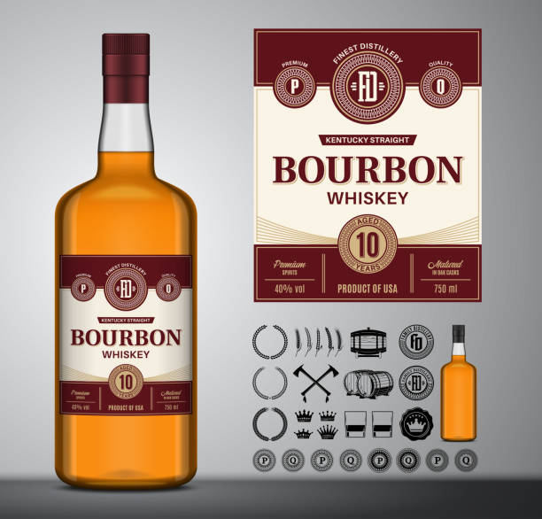 Vector bourbon whiskey label. Glass bottle mockup. Bourbon icons, badges, insignia Vector bourbon whiskey label. Bourbon glass bottle mockup. Distilling business branding and identity design elements red crown logo stock illustrations