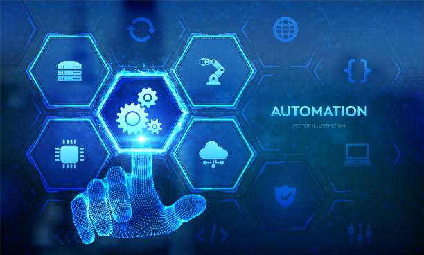 istock Automation Software. IOT and Automation concept as an innovation, improving productivity in technology and business processes. Wireframe hand touching digital interface. Vector illustration. 2165108878