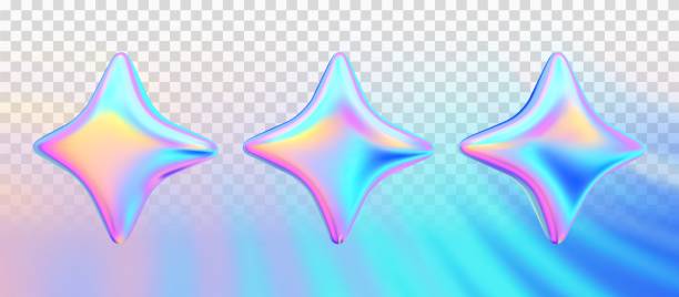 istock Star in different angles on transparent background. Four pointed stars or sparkles 3d realistic icons. Iridescent holographic colorful flash star for magic sparkling decoration. Vector illustration. 2165108890