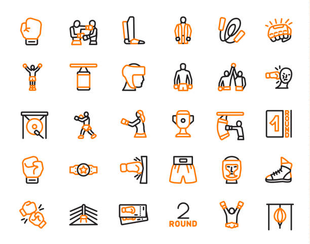 ikon tinju dan olahraga pertarungan diatur dalam warna hitam dan oranye, stroke yang dapat diedit, ilustrasi vektor - jubah-tinju ilustrasi stok