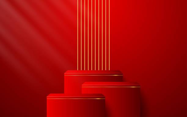 istock Multi-layered red podium with elegant gold lines on the back for product presentation 2165115725