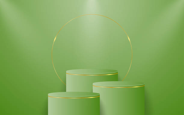 istock Multi-layered green podium with elegant gold lines on the back for product presentation 2165115941