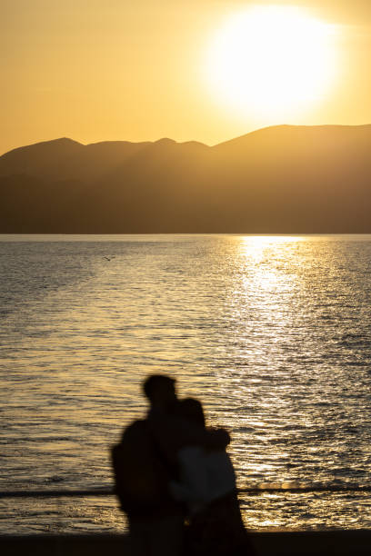 A couple is hugging on a beach at sunset. The sky is orange and the water is calm