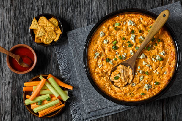 hot buffalo chicken dip in baking dish, top view