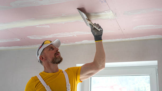 istock The worker make a plasterboard ceiling. He does taping plaster drywall ceiling joints. He is using special stainless steel taping knife. 2165130205