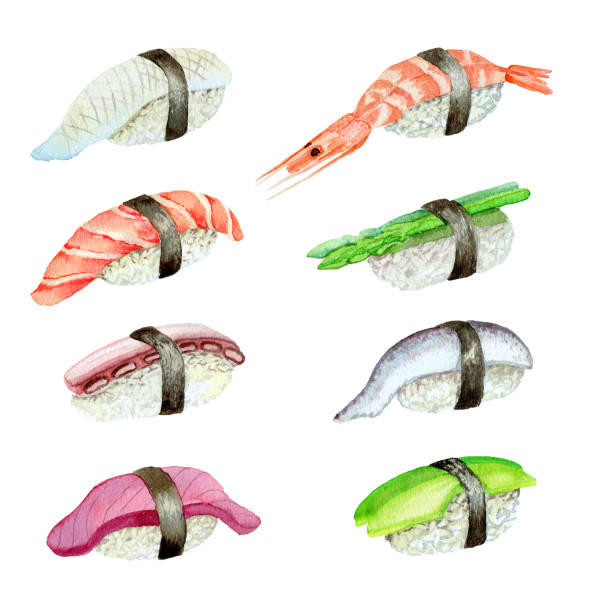 istock sushi with salmon, avocado, squid, mackerel, tentacles, tuna, seafood, painted with watercolors 2165133056