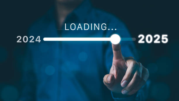In progress loading year 2024 to 2025, Planning and challenge business strategy in new year, Man hand touching loading bar for countdown to 2025. Countdown merry Christmas and Happy New Year, Startup,