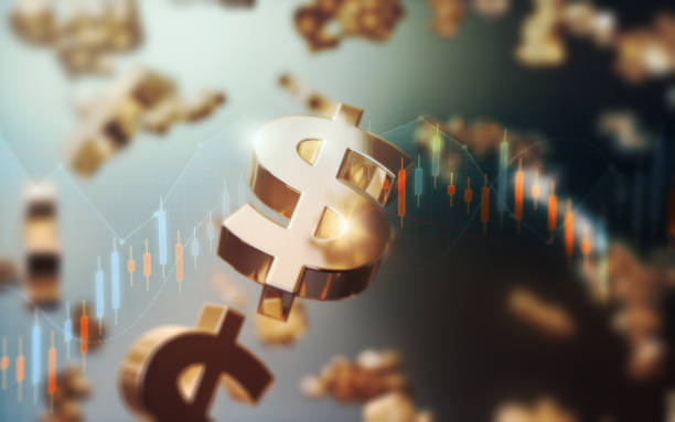 istock Flying Yellow Metallic Dollar Sign on Gradient Finance Background 2165134666