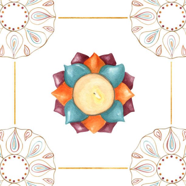 istock Crafted Diya surrounded by vibrant floral pattern. Multicolor petals. Square poster for Diwali or any celebration. Watercolor illustration isolated on white background. For festive decor, invitation 2165142102