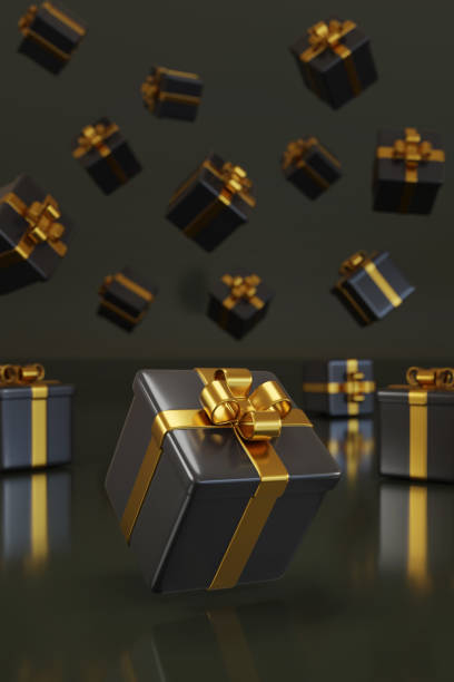istock Black gift box with golden bow on dark background. 3d illustration. 2165145544
