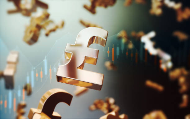 istock Flying Yellow Metallic Pound Sign on Gradient Finance Background 2165149812