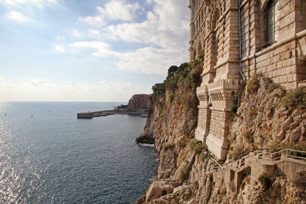 Rough Rocky Mediterranean Sea Coast in Monaco Sunny Winter Day