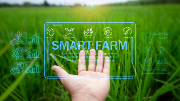 istock smart farm screen. The screen is filled with icons and graphics that represent different aspects of farming. 2165158521