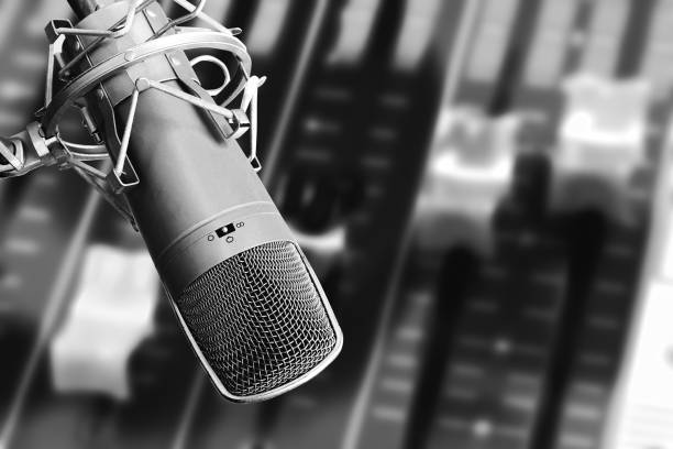 istock Black and white image of a condenser microphone. 2165159614