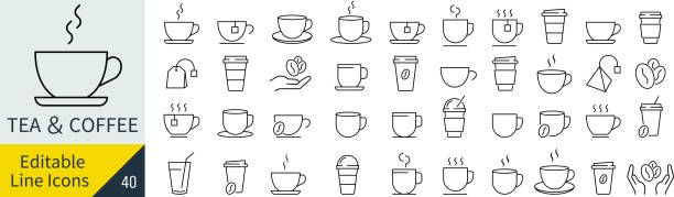 Editable Line Coffee and Tea Icon Set (Not Outlined)